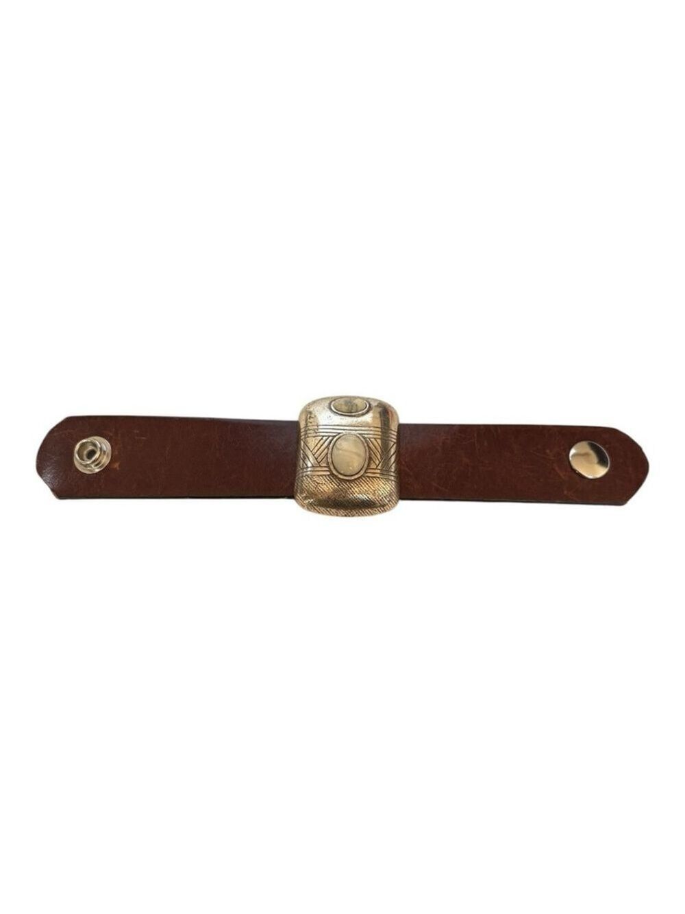 Vintage Brown Leather Oval Stones Silver Snap Cuff Bracelet One Size